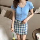 Short-sleeve Plain T-shirt / Plaid Mini Skirt