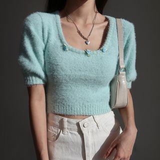 Short-sleeve Square-neck Faux-fur Sweater Light Blue - One Size