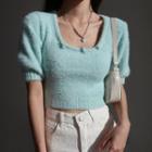 Short-sleeve Square-neck Faux-fur Sweater Light Blue - One Size