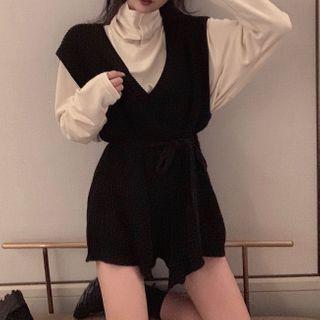 Long-sleeve Mock-neck Top / Sleeveless Wide-leg Playsuit