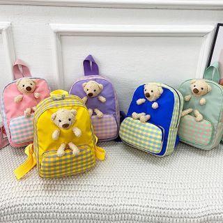 Plaid Panel Bear Applique Backpack