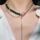Gemstone Alloy Y Necklace 1pc - Green & Silver - One Size