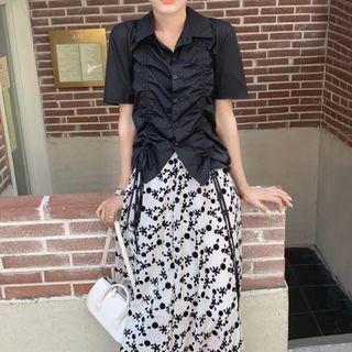 Short-sleeve Drawstring Shirt / Floral Print Midi A-line Skirt