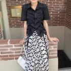 Short-sleeve Drawstring Shirt / Floral Print Midi A-line Skirt