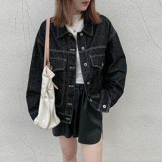 Contrast Stitch Denim Cargo Shirt Jacket Black - One Size