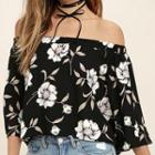 Off-shoulder Bell-sleeve Floral Print Chiffon Top