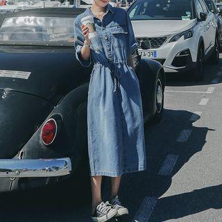 Elbow-sleeve Buttoned Denim A-line Midi Dress
