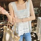Square-neck Flared-hem Sleeveless Eyelet-lace Top