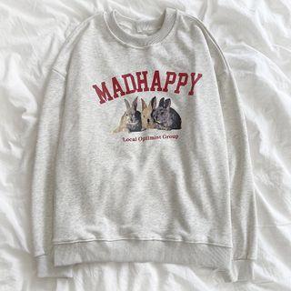 Long-sleeve Rabbit Printed Sweatshirt Melange Gray - One Size