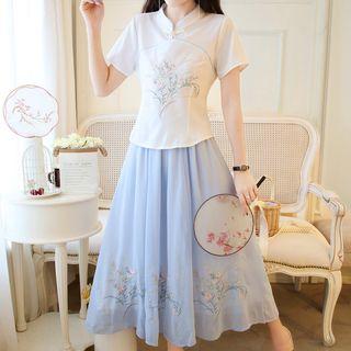 Set: Short-sleeve Hanfu Top + Midi A-line Skirt