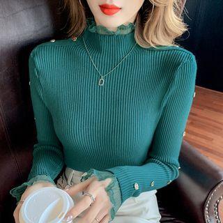 Mock-neck Mesh Trim Ribbed Knit Top