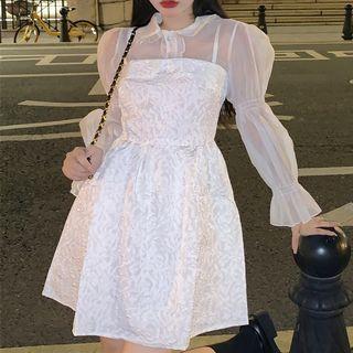 Flared-cuff Peter Pan-collar Sheer Shirt / Spaghetti Strap Embossed Mini A-line Dress