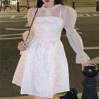 Flared-cuff Peter Pan-collar Sheer Shirt / Spaghetti Strap Embossed Mini A-line Dress