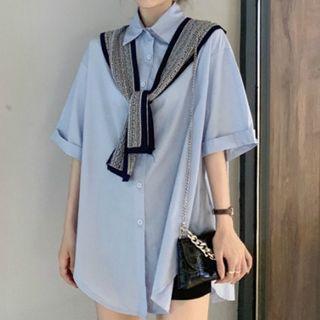 Elbow-sleeve Plain Shirt / Striped Shawl