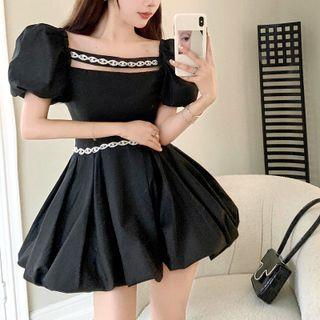 Puff-sleeve Rhinestone Slim-fit Dress