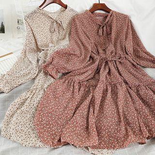 Long-sleeve Floral Tie-neck Midi A-line Dress