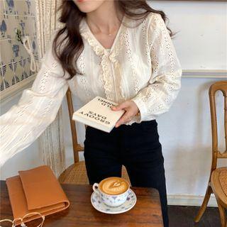 Long-sleeve Ruffle Trim Perforated Blouse Almond - One Size