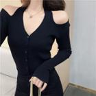 Plain Off-shoulder Long-sleeve Slim-fit Knit Top