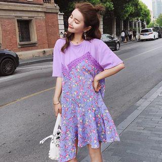 Floral Print Panel Elbow Sleeve T-shirt Dress