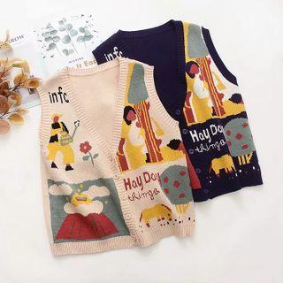 Sleeveless V-neck Printed Knit Vest
