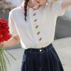 Puff-sleeve Peter Pan Collar Embroidered Top