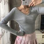 V-neck Long-sleeve Cropped Knit Top