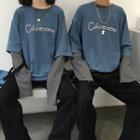 Lettering Mock Two-piece Pullover Gray & Blue - One Size