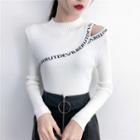 Long-sleeve Cutout Letter Printed Knit Top