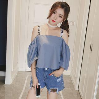 Lettering Off-shoulder Elbow-sleeve Top