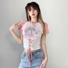 Short-sleeve Cat Print Lace Up Cropped T-shirt