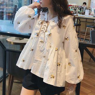 Puff-sleeve Embroidered Floral Lace-up Tunic Top