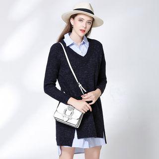 Long-sleeved Straight V-neck Plain Sheath Knit Dress