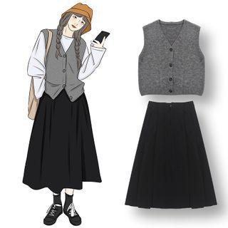 Knit Vest / Long-sleeve T-shirt / Midi A-line Skirt