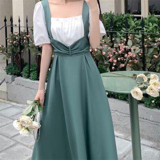 Mock Two-piece Short-sleeve Square Neck Midi A-line Dress