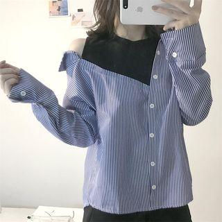 Striped Panel Cutout Shoulder Blouse