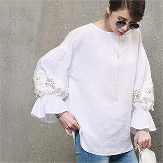 Balloon-sleeve Lace-trim Linen Top