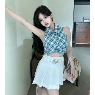 Halter Collar Plaid Crop Tank Top / Pleated Mini A-line Skirt