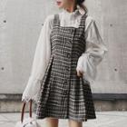 Set: Stand Collar Lace Panel Blouse + Sleeveless Houndstooth Mini A-line Dress