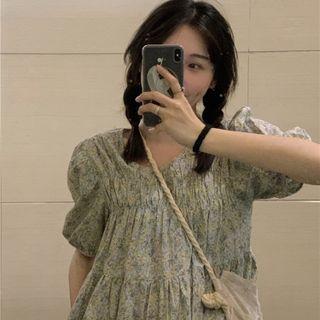Short-sleeve Foral A-line Dress Green - One Size