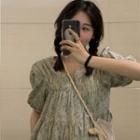 Short-sleeve Foral A-line Dress Green - One Size