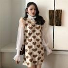 Stand Collar Lace Blouse / Sleeveless Heart Print Mini Knit Dress