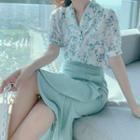 Set: Short-sleeve Floral Blouse + Midi Skirt