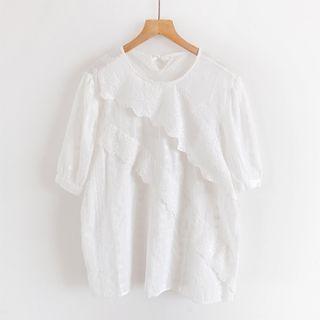 Elbow-sleeve Embroidered Ruffled Blouse White - One Size