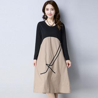 Long-sleeve Two-tone Midi Shift Dress