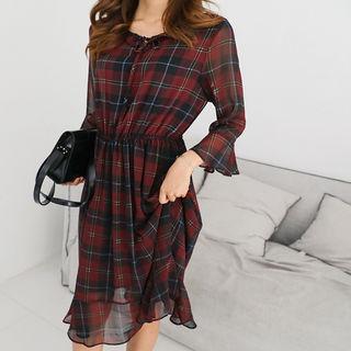 Gathered Plaid Chiffon Midi Dress