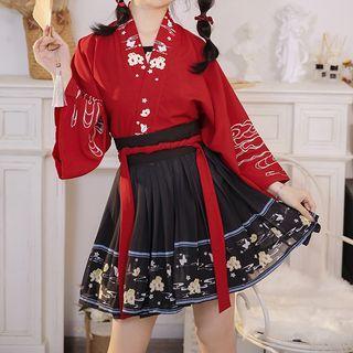 Chinese Hanfu Set Of 3: Embroidered Long-sleeve Short Coat + Embroidered Tank Top + Print Semi-body Short Dress