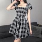 Short-sleeve Plaid Square-neck Mini Dress