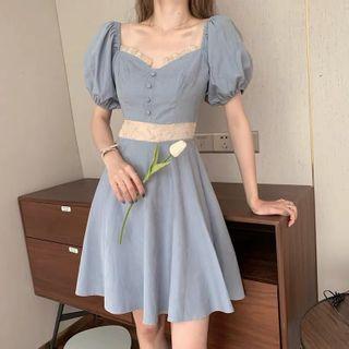 Lace Trim Puff Sleeve A-line Dress