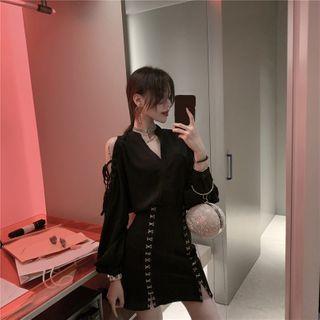 Cold-shoulder Lace-up Blouse / Mini Pencil Skirt