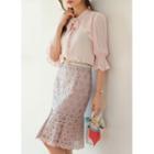 Pleated-hem Midi Lace Skirt